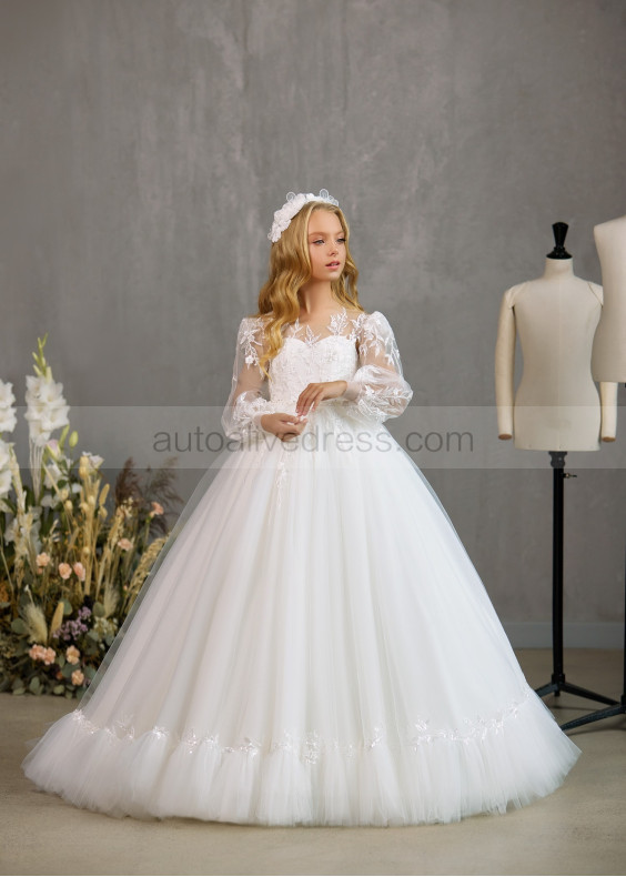 Long Sleeves Ivory Sequined Lace Tulle Flower Girl Dress With Ruffled Hem